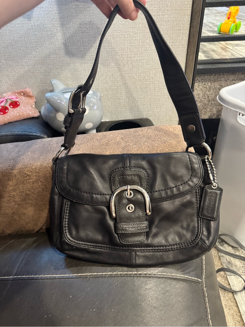 Coach Y2k Black Leather Shoulder Bag with Buckle Detail